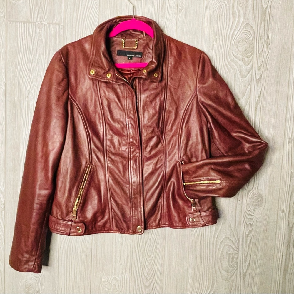 Wilson leather brown / red long sleeve soft jacket coat genuine leather large